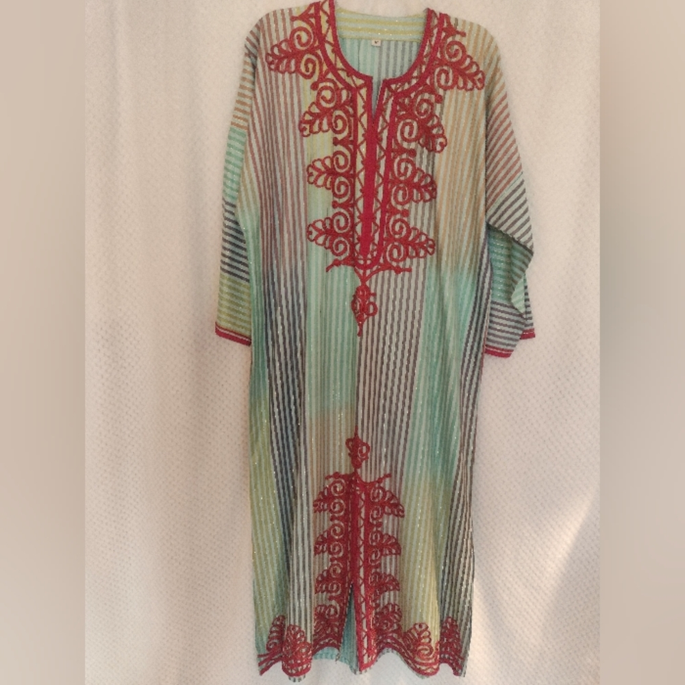 NWOT Maxi Kaftan Embellished, Striped ,Metallic Threads, Purchased In Egypt
